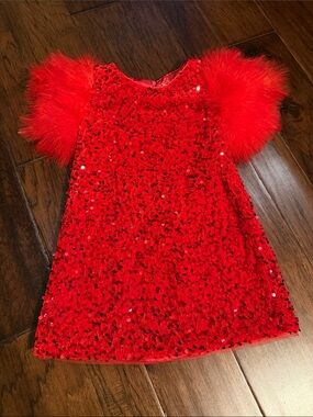 Lola + The Boys Red Sequin Dress with Feather Puff Sleeves